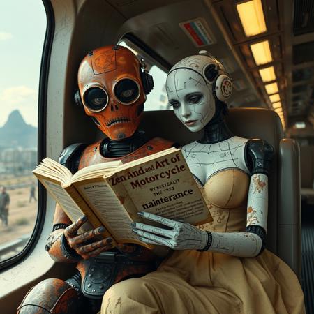 Rusty Robot and damaged humanoid woman sitting in futuristic train and reading a book "Zen and the Art of Motorcycle Maintenance" by Robert M. Pirsig. train is passing by futuristic landscape. Her body paint is chipped, cracked and dented.