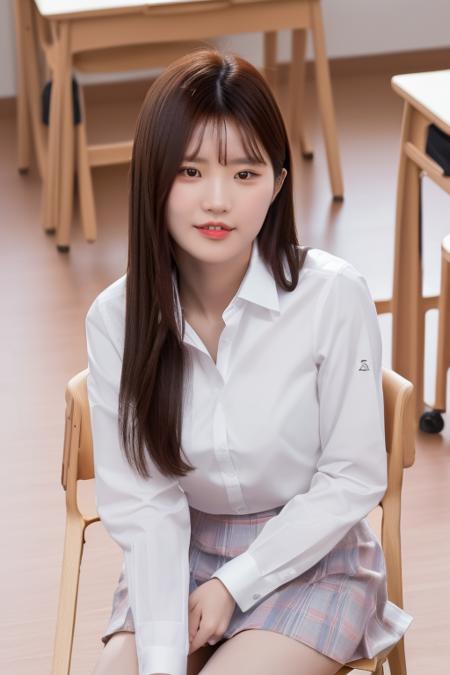 <lora:fromisHayoung:1>,Hayoung,RAW,(8k, best quality, masterpiece:1.2),(full body shot:1.3),octane render,in classroom,sunlight,sitting on chair,(school uniform:1.5),hyper realistic detail shiny skin,ultra detailed,(ultra realistic:1.5), looking at viewer,(intricate:1.2),(photorealistic:1.4),chair,desk,1girl,(skinny:1.3)