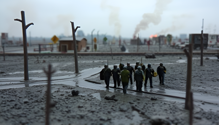 miniature diorama scene, a group of toy knights moving through a muddy landscape. The landscape has dead trees scattered in the foreground and background. The sky is grey and cloudy, with smoke and fires in the distance. The color of the scene is muted.