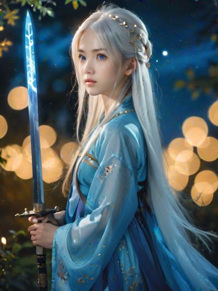 (masterpiece,best quality:1.5), , asian girl with white hair,12 years old, straight hair, blue clothes, holding a sword, in the style of dark azure and light azure, mixes realistic and fantastical elements, vibrant manga, uhd image, glassy translucence, vibrant illustrations, ultra realistic, long hair, straight hair, portrait, mysterious forest, firefly, bokeh, mysterious, night, sky, cloud, eyes detail, beautiful eyes, light in eyes,hanfu, <lora:hanfuTang_v40_M_SDXL:0.65>