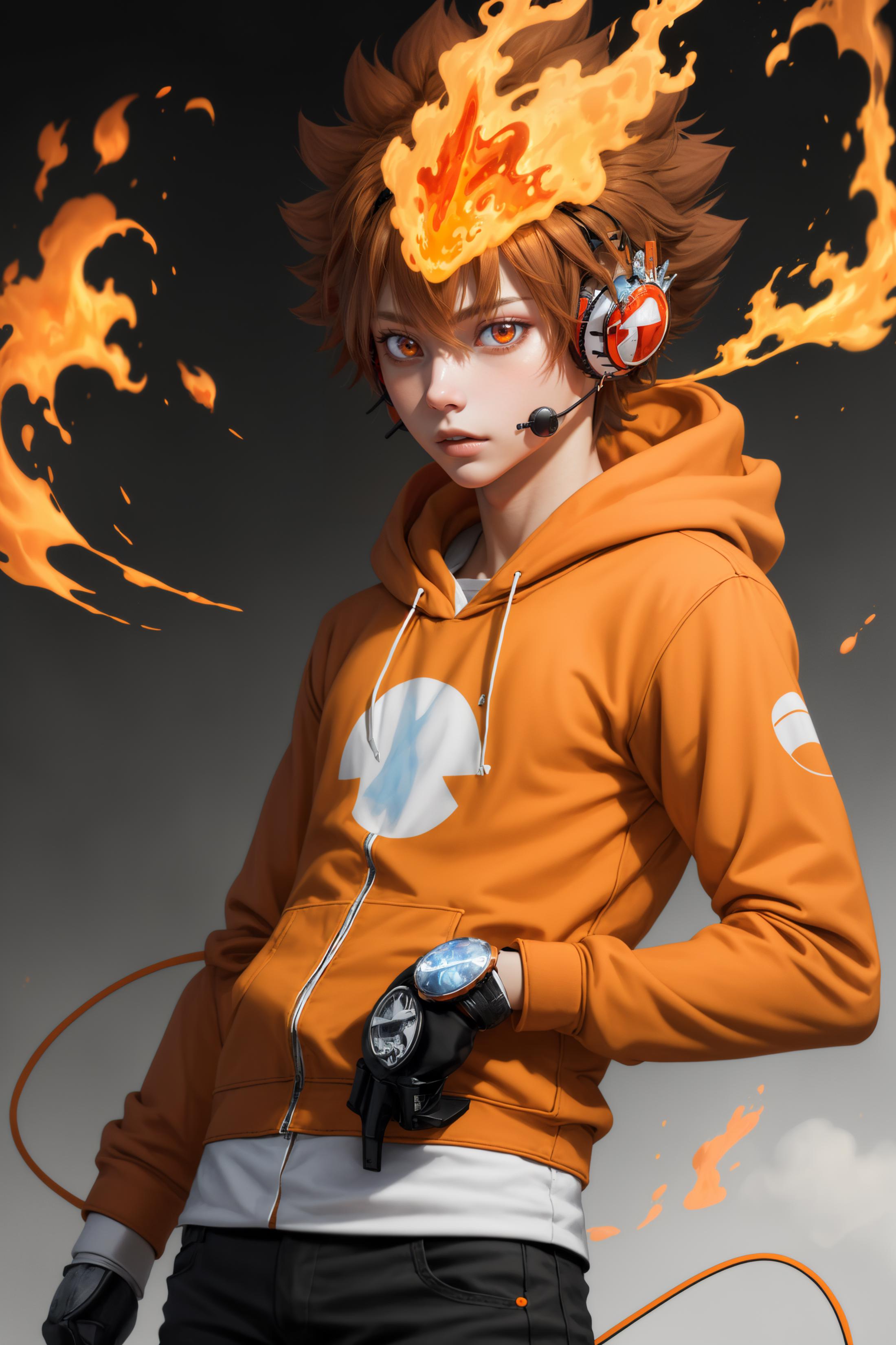 A young man wearing a orange hoodie and headphones with a clock face on his wrist.