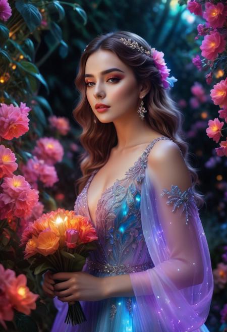 close-up, ((glowwave)) visuals, bright colorpop, cinematic lighting, hypermaximalist, extremely detailed with rich color, An image of a beautiful woman, dressed in an ethereal gown and adorned with flowers, standing at the center of a lush garden. In her hand, she holds a glowing crystal that emits a soft light, illuminating her and the surrounding area. As if by magic, the flowers around her are blooming in vivid colors, creating a mesmerizing display that is both surreal and breathtaking