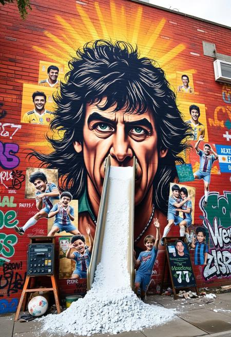 “A surreal and detailed mural of Diego Armando Maradona painted on a large urban brick wall, featuring multiple iconic moments of his career in a collage style. Maradona’s central figure is depicted with expressive eyes, his legendary long hair, and a radiant golden aura around his head symbolizing his legacy. From the nostrils of one prominent portrait, a 3D child slide emerges, winding down dramatically and covered in white powder, symbolically gathering in a pile on the floor. Around him, smaller depictions of his ‘Hand of God’ goal, his joyful celebrations, and a young Maradona playing in the streets of Buenos Aires are painted. The setting includes vivid graffiti tags and urban decay, creating a powerful mix of nostalgia and raw urban energy, with vibrant colors and symbolic contrasts highlighting his complex story.”