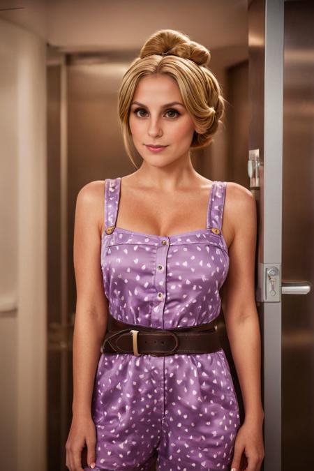 photo of (rapunzel:1), a stylish woman, in a (whistleblower protection room), wearing a (utility romper with a belt), (heart bun), shallow depth of field, vignette, high budget Hollywood film, bokeh, cinemascope, epic, gorgeous, film grain <lora:rapunzel:0.8> . 35mm photograph, film, bokeh, professional, shot by joel meyerowitz, 4k, highly detailed