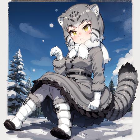 (masterpiece, best quality, high resolution, distinct image), cinematic lights, 1girl, solo,  <lora:manul:0.8>, grey hair, multicolored hair, cat tail, cat ears, yellow eyes, striped tail, short hair, scarf, fur trim, grey skirt, white footwear, white gloves, frilled skirt, grey pantyhose, multicolored clothes, eyelashes, grey jacket, long sleeves, fur collar, fur-trimmed boots, buckle, belt buckle, white hair, elbow gloves, two-tone hair, white scarf, fur-trimmed sleeves, grey footwear, forest, snow, paw pose, pallas's cat \(kemono friends\),