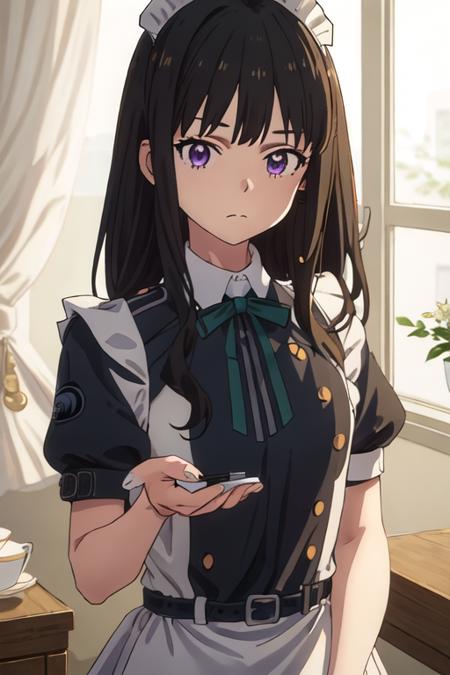 best quality, masterpiece, highres, solo, {maid:1.40}, {long maid dress:1.15}, {inoue_takina_lycorisrecoil:1.15}, black_hair, long_hair, bangs, purple_eyes, closed_mouth, ribbon, green_ribbon, neck_ribbon