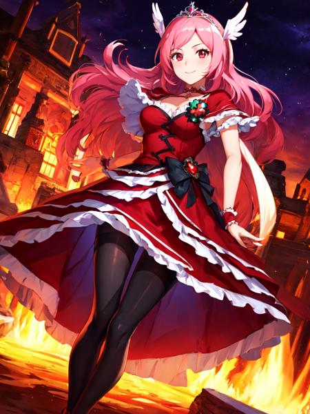 masterpiece, best quality, full_body, looking_at_viewer, large eye, cowboy shot, light smile, open eye,
1girl, <lora:locon_cure_passion_5_v1:0.95>, cure passion, layered skirt, red sleeves, tiara, capelet, pantyhose, brooch, black ribbon, clover ornament, red high heels, 
standing,