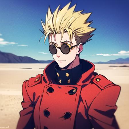 ((1man)), (Vash Stampede), yellow hair, (long red coat:1.0), black trousers, (yellow eyewear, circle eyewear:1.2), standing, (portrait), desert background, (masterpiece, best quality),  <lora:VashStampede:0.9>