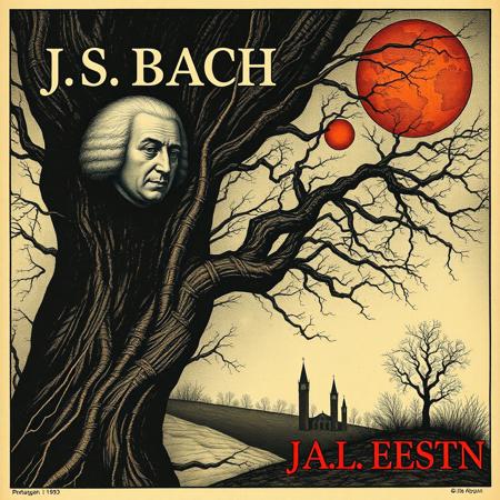 A cover of a Classical album of "J.S. BACH"  with art in the style of Max Ernst's Lithographs