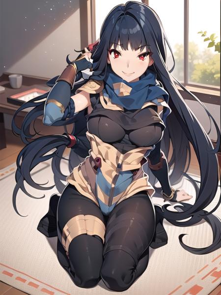 (ultra detailed),(masterpeace),(best quality),(photorealistic),CG,(colour:1.2), beautiful lighting,light from the front,official art,indoors for Japanese-style room,solo, <lora:momochitanba:1>,momochitanba,smile,black hair,long hair,ninja,navy blue suite,red eyes,navy blue scarf,pantyhose,