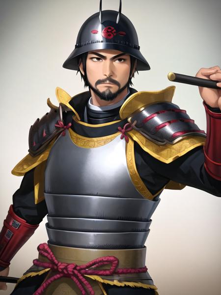 japanese armor, armor, 1boy, male focus, solo, helmet, samurai, weapon, kabuto (helmet), polearm, brown eyes, realistic, kusazuri, black hair, kote, facial hair, shoulder armor <lora:nobu-1:1>