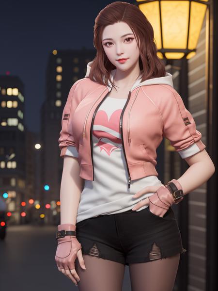 CFkongQF, 1girl, solo,pantyhose, brown hair, looking at viewer, hood, drawstring,torn clothes, brown eyes,  black shorts,long hair, hood down, lips, jacket, gloves, smile, breasts, open clothes, zipper,hand on hip, mature female, cityscape, night,  <lora:CFkongQF:0.75>,