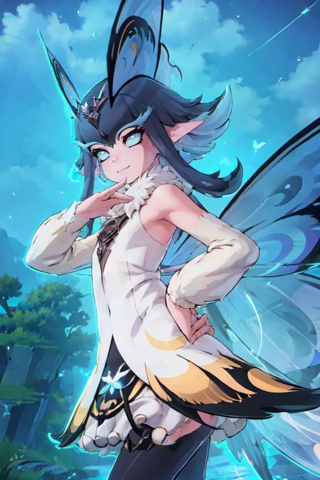 zzPhantomfly, looking at viewer, smile, fur collar, dress, wings, night, hands behind back, butterfly wings, 