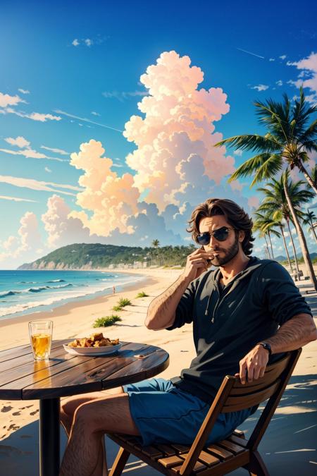 <lora:bigby-07a:0.5>, bigbyTWAS_soul3142, 1man, beard, sunglasses, black sweatshirt, shorts, sitting, table, (food), beach, seascape, clouds, waves, tropical, palm trees