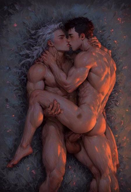 啎䥃佄䔀 score_9, score_8_up, score_7_up, sexy, yaoi, gay, (2 boy) , thin, petite body, wild sex, rough sex, half dressed, showing lots of skin, kissing, boy lying on side, boy has one leg up, man straddling one leg, (deep ass penetration) , cute, handsome face, wet, full body shot, grass meadow, night time, lighting bugs, (beautiful cinematic lighting, volumetric lighting, dramatic lighting, shadow and light, backlight), aesthetic, masterpiece, full color, muscle male, muscle pecs, abs, muscle biceps, big cock, big balls, precum