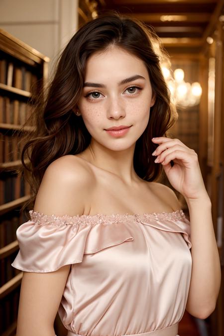 (18 years old:1.1),young and gorgeous,RAW Photograph,dslr,soft lighting,high quality,film grain,Fujifilm XT3,insane details,masterpiece,8k,35mm photograph,dslr,kodachrome,vignette,vintage,Kodachrome,Lomography,stained,highly detailed,freckles,innocent,pale,detailed skins,(wearing a Pleat Detail Off The Shoulder Structured Satin Top and demin shorts ):1.1,pouting,blue eyes,pink rouge,red  hair between eyes,(library):1.1,warm light,from below,perfect facial ratios,perfect facial features,full cheeks,blush on cheeks,all attention given to the face,emphasizes on the cute chubby cheeks,Soft and smooth skin texture,shiny skin,flawless complexion,shiny eyes,eyelashes,natural eyebrows,rosy lips,cute small nose,cute face shape,warm and inviting smile,natural lighting,gentle shadows,detailed hair strands,silky hair,hair on the sides framing the face,glossy highlights on the hair,rich and vibrant colors,vibrant and warm background,complementary colors to enhance the girl's features,captivating expression,engaging eyes,intricate details on eyelids and lashes,flawless complexion,realistic detailed skin,Life-like textures,minute details,every aspect of the face made clear and visible,picture fills the canvas,(shiny skin),pale skin,crystal hair full body,high heels,solo,beautiful eyes,perfect eyes,(closed mouth:1.3),extravagant,ornate,designer,opulent,picturesque,lavish,