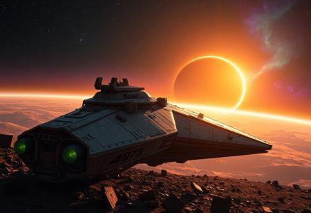 (8k, best quality, masterpiece:1.2), ultra-detailed, Masterpiece, realistic lighting, long-range perspective, maintenance-ring, starship covered in battle damage surrounded by debris, beautiful colorful lighting as the sun peaks out from behind a planet. its atmosphere creating a beautiful golden crescent shape. some stars should be visible as well as a teal and purple nebula in the distance.