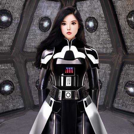 zkz atashi, waifu, realistic, masterpiece, best quality, Chinese Taiwanese (((zkz atashi))) dressed as darth vader, looking at viewer, official art, black hair, ((beautiful symmetric face), perfect face, pretty face, [kawaii face], sexy face), beautiful brown eyes, ponytail, a minimalistic futuristic mechanical room inside the death star, alone, solo, 8k