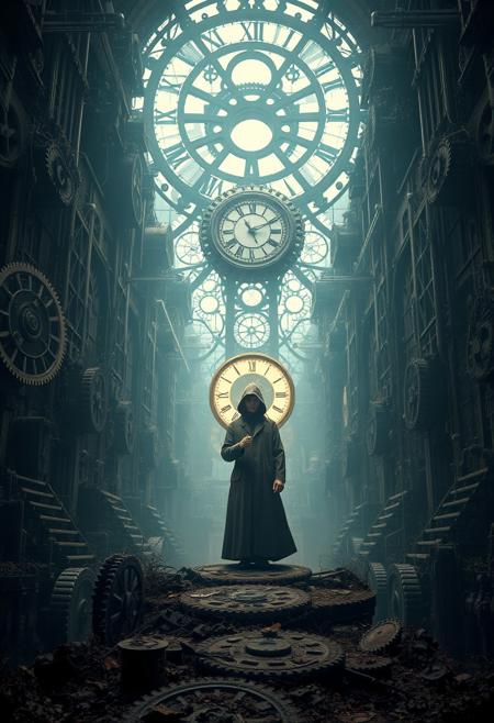 Create a hauntingly beautiful scene of a vast, abandoned clockwork cathedral, with intricate gears and mechanisms stretching up towards the sky like a mechanical forest. In the center of the image, a lone figure stands amidst the clockwork, surrounded by a halo of soft, pulsing light. The figure is dressed in a long, flowing coat with a hood, and is holding a delicate, antique-style pocket watch in one hand. The clockwork is covered in a thick layer of dust and vines, and the air is filled with the faint scent of old oil and decay. The figure is a representation of the collective memory of humanity, with a face that is a composite of countless faces and eyes that are black holes of forgotten knowledge. Style: surreal, industrial, mystical. Colors: muted, industrial, glowing. Highest-Quality, 4k