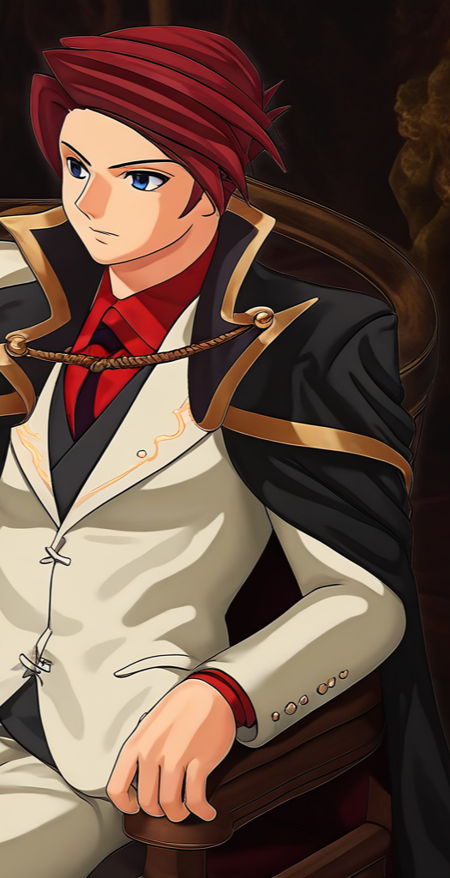 one-winged eagle emblem, battler, 1boy, red hair, medium hair, parted bangs, white coat, necktie, cross, cross on necktie