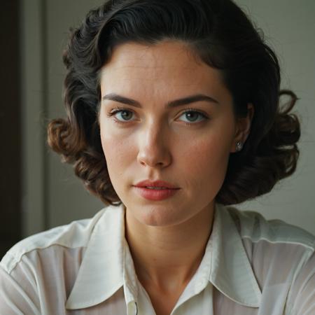 RAW analogue photo of a super-model-beautiful 20 years old (English woman:1.5) woman, short Black hair, perfect face, sexy pose, (collared shirt,), perfect eyes, detailed eyes, detailed iris, realistic skin, absolute perfect tits, natural tits, low light, hard natural light, Rembrandt style light, Hasselblad DLSR camera, 200mm Zeiss lens, f/2.8, In the 1940's a woman with a  collared shirt, curly hair,realistic, realistic,realism,perfection,perfect,filmic,retro,vintage,classic,different haircut,different look,different style,1940's style , 1940 style,highly detailed, high budget, cinemascope, moody, epic, gorgeous, detailed texture, sharp focus, highres, 4k,