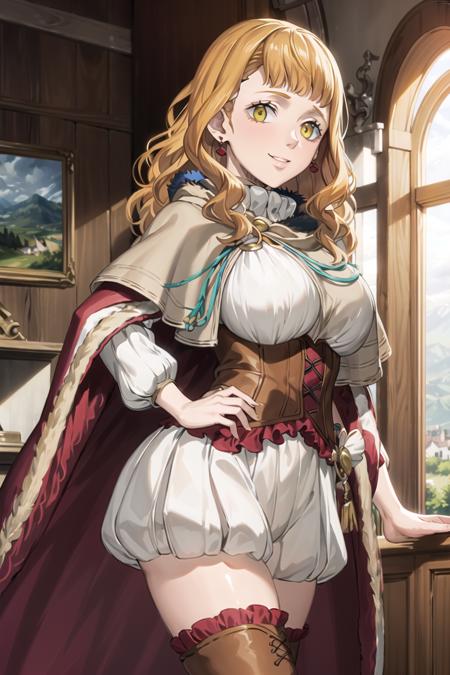 ((best quality)), ((highly detailed)), masterpiece, ((official art)), detailed face, beautiful face, (detailed eyes, deep eyes), beautiful mimosa vermillion,orange hair, red cape, capelet, turtleneck sweater, corset, thighhighs,thigh boots, earrings, smile, looking at viewer, window,  light smile, scenery,intricately detailed, hyperdetailed, blurry background,depth of field, best quality, masterpiece, intricate details, tonemapping, sharp focus, hyper detailed, trending on Artstation,1 girl, high res, official art