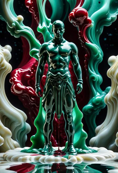 A soldier stands in the middle of a surreal, cosmic environment, enveloped by swirling liquid marble in jade and ruby hues. The marble moves in an ethereal and fluid manner, dripping, melting, and twisting around him, as if alive. The soldier, wearing weathered armor, appears calm yet determined as the vibrant, flowing marble seems to react to his presence. The scene is filled with a sense of quiet tension, as the soldier is not just part of the landscape, but a figure of strength within the surreal surroundings. The combination of jade and ruby liquid marble creates an intense and otherworldly atmosphere, with soft light reflecting off the flowing marble as it merges and separates in intricate patterns.