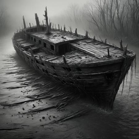 The hull of the ship emerging from the murky waters of the river, its black planks appearing charred and cracked. The sound of creaking wood echoes, and upon closer inspection, one sees distorted figures of souls trapped within the wood, their expressions of agony eternally etched into the planks.