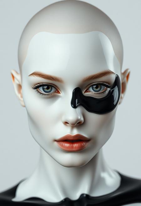 The highest artistic achievement, modern simplicity, futurism, visual impact, stunning image, simple image, coordinated colors, front view, bright lighting, surrealism, fantasy world, fantasy style, artistic close-up of a female supermodel in glossy ceramic material (((no makeup))) (((bald))), deep eyes, perfectly symmetrical beautiful face, pushed out from silky black oil, the black oil on the face creates a contrast with the delicate white ceramic,