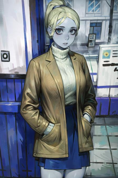 1girl, solo, blonde hair, skirt, indoors, cafe, hands in pockets, jacket, looking at viewer, long hair, ponytail, grey eyes, brown jacket, blue skirt, bangs, turtleneck, pale skin, sweater, purple skirt