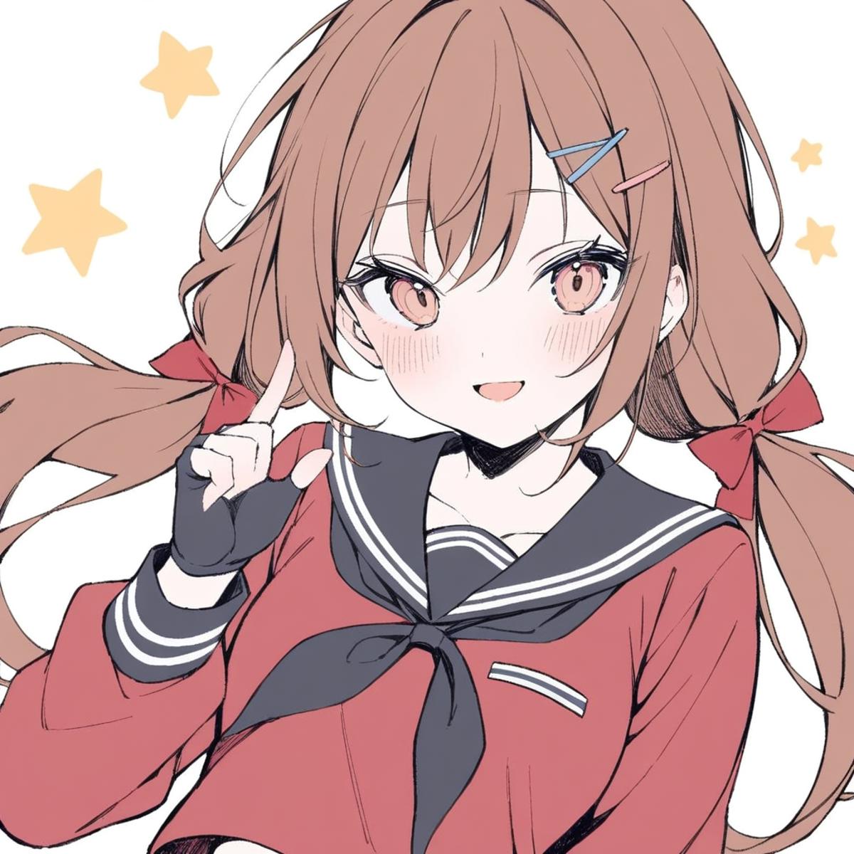 1girl, 
solo, star \(symbol\), looking at viewer, upper body, blush, open mouth, fingerless gloves, hairclip, brown eyes, ...