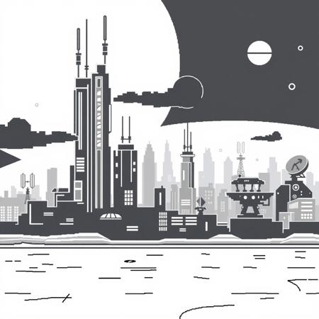 Monochrome pixel art high-tech background, inspired by the Chrome Dino game. Minimalist 8-bit style with clean, black-and-white design. Elevated flat ground with a futuristic, sci-fi cityscape in the background. Blocky skyscrapers, antennas, glowing panels, and cables stretching between buildings. Distant satellite dishes and robotic structures. Ground remains simple with a smooth, slightly elevated surface, maintaining the original Dino game's aesthetic. Low resolution, simple shading, clean outlines, retro side-scrolling platformer style.