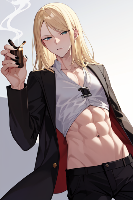 tezcatlipoca, holding, black jacket, long sleeves, pants, black nails, white shirt, navel, abs, smoking, black pants