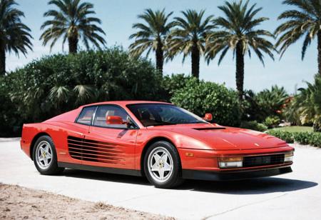analog film photo (Sportscar gleaming red Ferrari Testarossa, front side view, outdoors), palm trees, seaside, sunny, (stylish, film grain:1.3) . faded film, desaturated, 35mm photo, grainy, vignette, vintage, Kodachrome, Lomography, stained, highly detailed, found footage