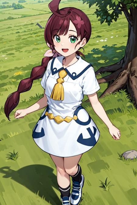 masterpiece, best quality, highres, chl1, 1girl, braided_ponytail, (ahoge:1.1), dress, school uniform, white dress, collared dress, collarbone, eyelashes, short sleeves, neck tassel,  <lora:chloe_(pokemon)_v5:0.6>, walking, grass, tree, flower, smile, open mouth, full body,