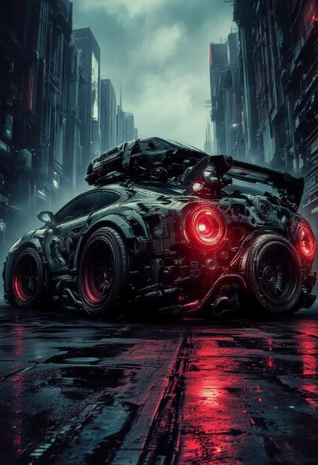 Futuristic YFG-R1gs, YFG-Sm0rg, Cyberpunk digital art with dramatic lighting and vibrant neon colors, showcasing a heavily modified, battered car with glowing red headlights, parked on a wet urban street reflecting the lights, surrounded by tall, dark buildings and misty atmosphere, creating a tense, futuristic scene.