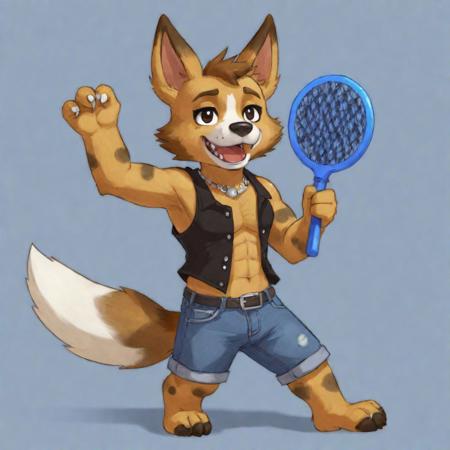 solo, short hair, open mouth, shirt, 1boy, animal crossing style, animal crossing  background, animal ears, tail, full body, male focus, sleeveless, black tank tip, blue jeans, holding a butterfly net, spread legs, uncensored, dog ears, bara, furry, dog tail, furry male, brown fur, dog boy