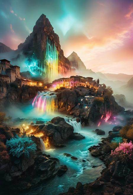 (by Ellen Jewett:1.5), (Bioluminescent Impressionism, Egyptian landscape, The Dreamland,, magic their peaks veiled in mist. mixed media, surrealism, great lighting, A surreal landscape highly detailed . extremely high-resolution details,  appears trapped in an optical illusion of reflections and refractions colorful ,magica  mountains and village in Turkey, professional photography, natural lighting, volumetric lighting maximalist. intricately detailed, complex, elegant, expansive, fantastical, waterfall, ethereal landscapes, depth of field, biotech emotion:1.3) <lora:xl_more_art-full_v1:0.5> <lora:add-detail-xl:1> <lora:RMSDXL_Creative:2>. GhostlyStyle
