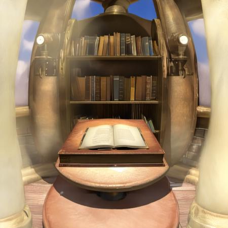 rivish style library, open book on table below bookshelf, steampunk