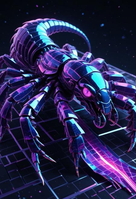high quality,masterpiece,ultra-high resolution,incredible composition,extremely detailed, A majestic scorpion in close-up, its exoskeleton glitching with pixelated teal and violet artifacts, shimmering like a digital titan. Its fierce tail pulses with digital static, radiating icy power. The background is black desert, with fragmented neon grids and cascading glitch particles in indigo and crimson. Hyper-detailed, 8K resolution, with dynamic glitching effects and a futuristic vibe. codeandigital,, c0dean0igital,, cyberw0rlds,