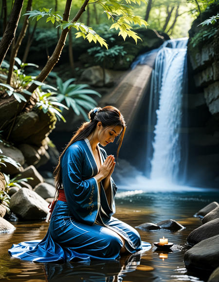 Realistic image of a beautiful woman, Asian woman, dark hair, <lora:Ai_Lotus:0.75>,,<lora:muromachi86:0.9>, Mountain waterfall temple: an onna-bugeisha kneels in prayer before a cascading waterfall, simple indigo kimono soaked with water droplets, dappled sunlight through trees, 35 mm lens, hyper-realistic water motion. ,photo Fantasy art combining the styles of Boris Vellejo and Luis Royo, Photorealistic, real photo, god rays, 1girl, 21yo,realistic, ,Sexy pose, erotic pose, exhibitionism, ,castle courtyard