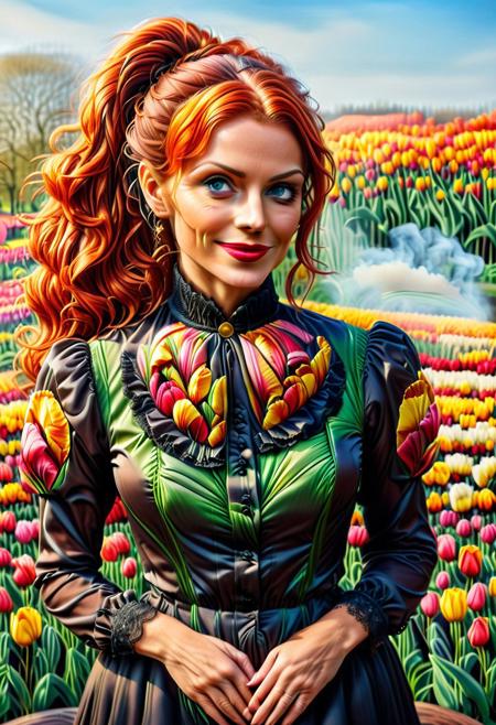 jaynl-tm, (close up:1.8), Stable_Yogis_PDXL_Positives, (Victorian blouse made of tulips:2.3), Realism_Quality_2xx_By_Stable_Yogi, (anatomically correct:1.7), photo, photo_realistic, 1girl, mature_woman, European, 27 years old, parted_lips, choker, seductive smile, sultry, serious stare, stern look, close-up, eye shadow, makeup, milf, mature female, pureerosface_v1, Expressiveh, intricate_details_xl, natural skin, realistic, hands out of view, red lipstick, makeup, Influencers Deluxe_Lara_Lang, long ponytail, streaked hair, Orange hair, black streaks in her hair, long side bangs, black highlights in bangs, thick lips, mega ponytail, big hair, tall, natural blue eyes, high neck closure, fitness body, toned muscles, high cheekbones, solo, (fully dressed:2), high turtle neck, outdoors, (hands hidden:1.7), short sleeves, closed dress, high neck closure, gentle smile, closed mouth, short puffy sleeves, laboratory, big fluffy hair in all directions. (black tulips:1.4), (black:1.4).
