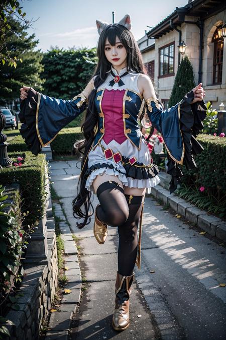 best quality, masterpiece, realistic, (photorealistic:1.4), 1girl, solo, full body, karyl costplay costume, cosplay, animal ears, detached sleeves, thighhighs, boots, dynamic pose, detailed background, in garden, night, <lora:karyl_cosplay_costume_v1:0.7>