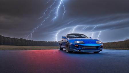 front side photo of electric blue mk4Supra in a massive lightning storm with dramatic clouds, high quality photo, lens flare, bokeh, 8k resolution, gobo lights, warm ambient light, volumetric light, neon lights, depth of field, analog, foggy atmosphere,  lens flares, light bloom, portra 800 film, <lora:Mk4Supra-000007:.6>, <lora:analogdiffusion_Lora300:.2>