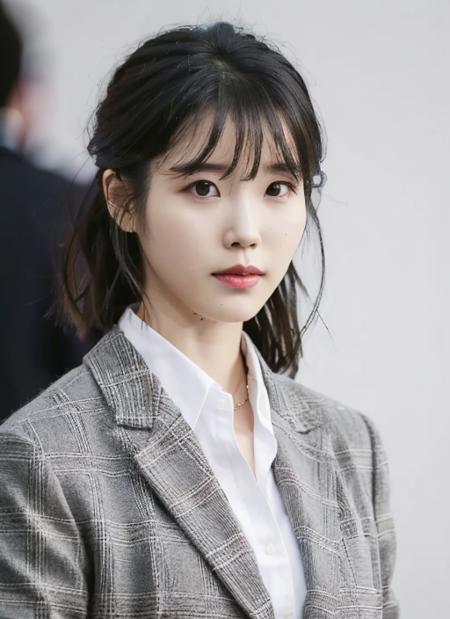 best quality, RAW photo, IU, Lee Ji Eun, 1girl, solo, looking at viewer, bangs, shirt, black hair, jacket, upper body, collared shirt,  black eyes, lips,   <lora:iu_v5:0.7>