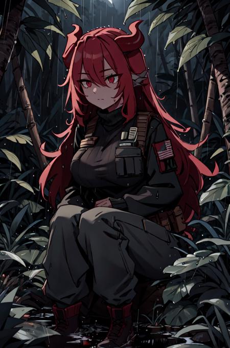 <lora:Sinder__Character_LoRA_Artist__Kanel:1>, Sinder, red hair, long hair, red horns, animal ears, red eyes, dragon tail, gray skin:0.9, large breasts, black sweater, black cargo pants, bulletproof vest, tactical vest, forest, night, on knees, expressionless, raining, jungle, looking away, wet, leaves, mud