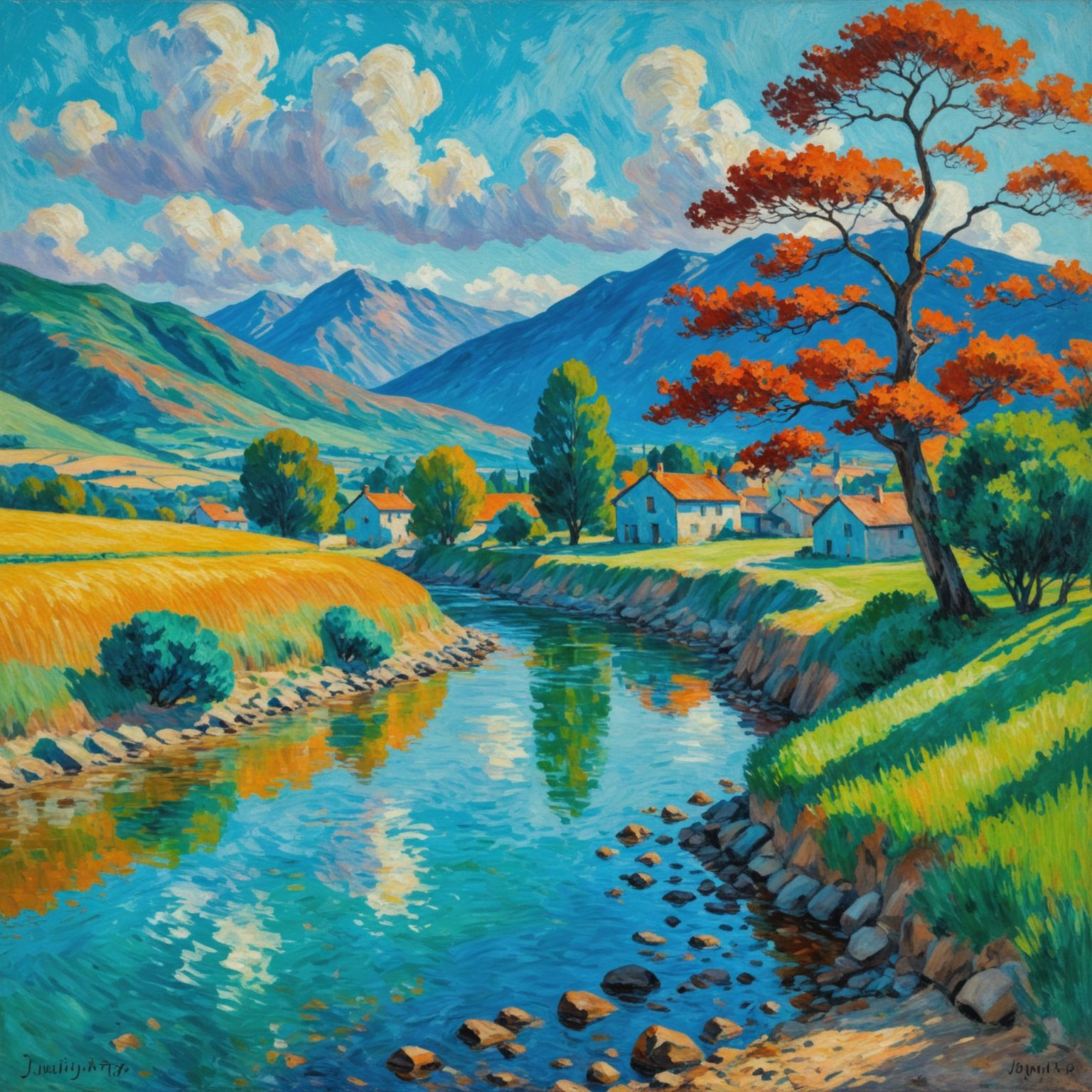 A wide shot of a winding blue river flowing through a rural valley landscape rendered in an impressionistic style. The clear water reflects surrounding colors while flowing over a rocky streambed dotted with stones. A prominent tree with bright orange autumn foliage stands on the right bank, while golden fields stretch across the left side of the composition. A small village with white and orange-roofed houses sits in the middle distance, surrounded by green trees and rolling hills. Blue-purple mountains rise in the background beneath a sky filled with puffy white and gray clouds. 