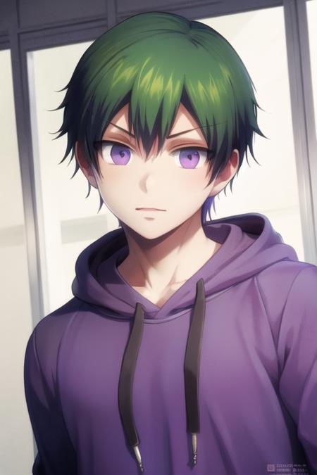 masterpiece, best quality, high quality, 1boy, solo, male focus, looking at viewer, upper body, <lora:takaharu_ootomo:0.70>, takaharu_ootomo, purple eyes, green hair, , hoodie