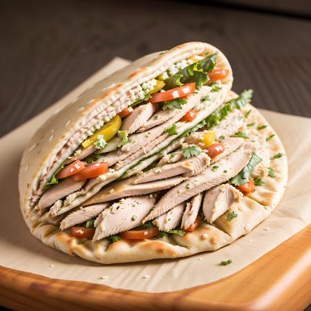 RAW photo, Chicken Pita, <lora:foodphoto:0.8> foodphoto, dslr, soft lighting, high quality, film grain, Fujifilm XT