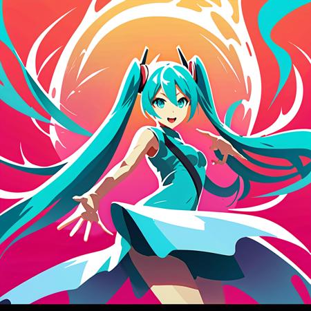 <lora:slay1-000010:1> hatsune miku releasing an energy blast from her hand, epic pose, wide stance, low angle, panty shot, mouth open, flat colors